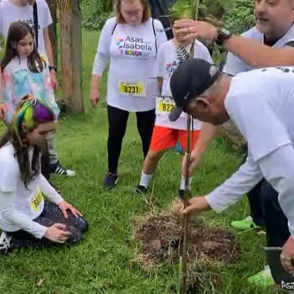 Isabela plantando uma das 15 mudas nativas