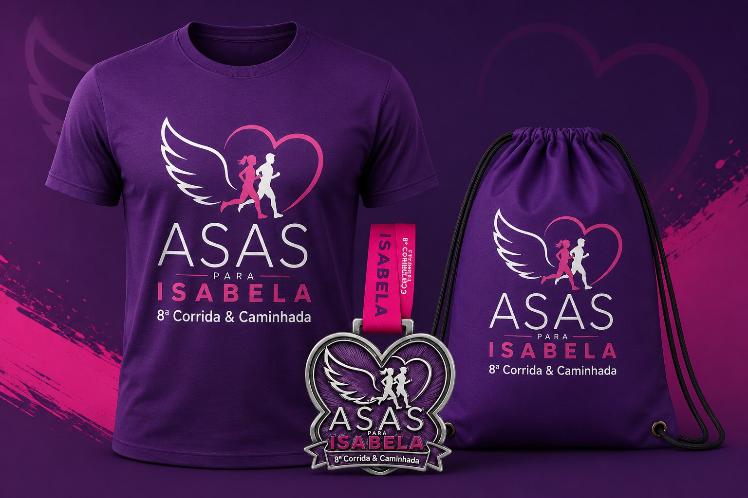 Kit da 8ª edição: camiseta roxa, medalha e sacochila com a logo Asas para Isabela